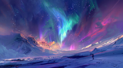 Fototapeta premium Northern Lights dancing over a snowy landscape in Iceland, capturing the wonder of this natural phenomenon