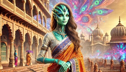 Fototapeta premium Alien queen in traditional Indian saree, standing in ornate palace with vibrant, cosmic backdrop.