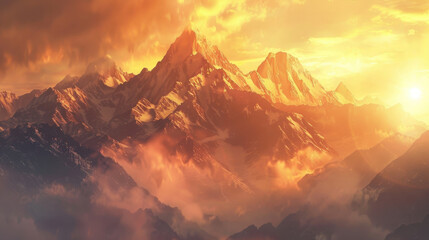 Mountain range at dawn with a beautiful sunrise casting golden light over the peaks