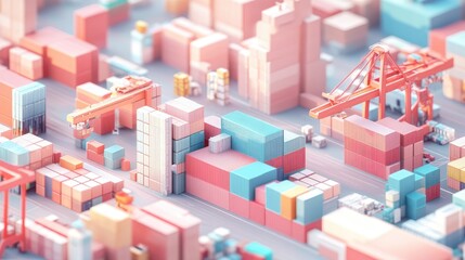 Fototapeta premium 3D render of international cargo hub, import-export logistics, pastel colors and flat design for global trade.