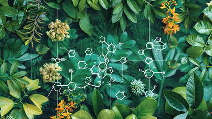Molecular structure diagrams overlaying a green background with diverse plant species, emphasizing biochemistry