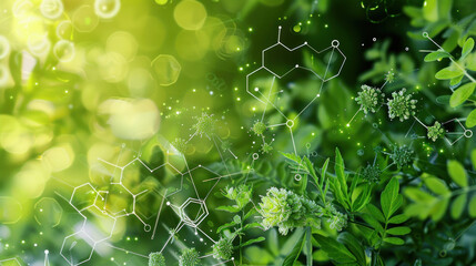 Molecular structure diagrams overlaying a green background with diverse plant species, emphasizing biochemistry