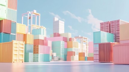 3D render of international cargo hub, import-export logistics, pastel colors and flat design for global trade.