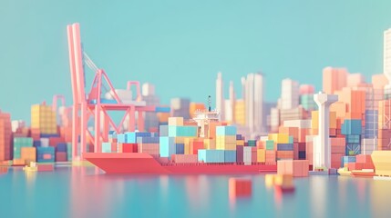 Obraz premium 3D render of international cargo hub, import-export logistics, pastel colors and flat design for global trade.