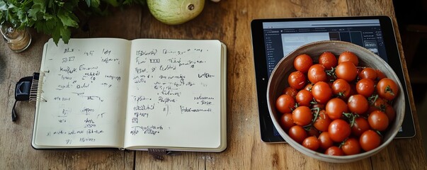 A blogger s notebook filled with handwritten recipe ideas and doodles, set next to a tablet displaying social media stats, Food blog planning, organized and inspiring