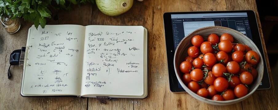 A blogger s notebook filled with handwritten recipe ideas and doodles, set next to a tablet displaying social media stats, Food blog planning, organized and inspiring