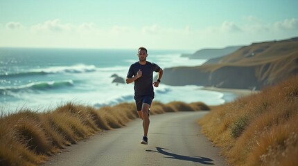 Man running on coastal road with ocean view during sunrise or sunset