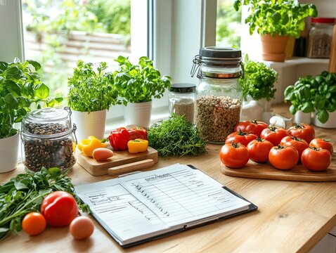 A bright, airy kitchen scene with a meal plan checklist and fresh ingredients ready for cooking, Healthy meal planning, kitchen organization