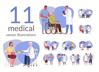 Medical diagnostic center for children and adults. Pediatrician consultation. Rehabilitation and treatment of elderly and people with disabilities. Examination of pregnant women. Vector illustration.