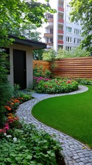 A curved path of grey pavers meanders through a colorful garden, leading to an old door set in a brick wall, all framed by a bright green lawn and wooden fencing