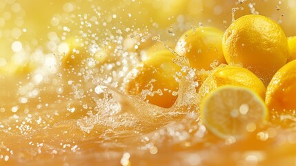 fruit poster, a few lemons, Water splashing, Solid color background illustration, light color, fine detail