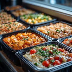 Obraz premium A closeup of a neatly packed delivery box with branded packaging, showcasing fresh, hot meals ready for delivery, Food delivery packaging, organized and appetizing