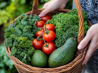 Fototapeta premium A closeup of hands holding a basket filled with organic produce, including tomatoes, kale, and avocados, Organic produce basket, farmtotable freshness