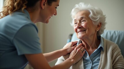 Caregiver helping elderly woman at home, demonstrating compassion and support