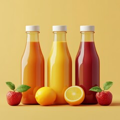 14. Organic juice bottles, made from fresh fruits, 3D illustration