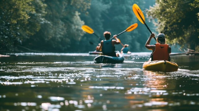 Kayakers paddling down a tranquil river, emphasizing the excitement and adventure of outdoor activities