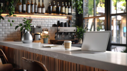 Fototapeta premium Inviting workplace on a cafe counter bar, featuring a laptop, coffee, and notepad, designed for comfortable remote work
