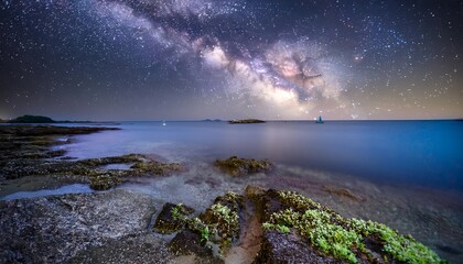 Naklejka premium Plankton bloom sea milky way at night sky.