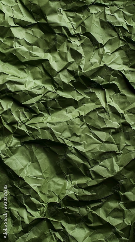 Poster Crumpled olive green paper displays intricate textures and shadows under soft light, creating a visually engaging composition