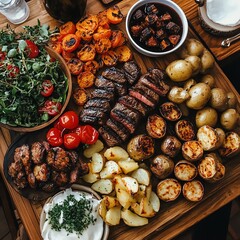 A familystyle dinner of grilled steak, roasted vegetables, and baked potatoes, set on a wooden dining table, Homecooked steak dinner, rustic and filling