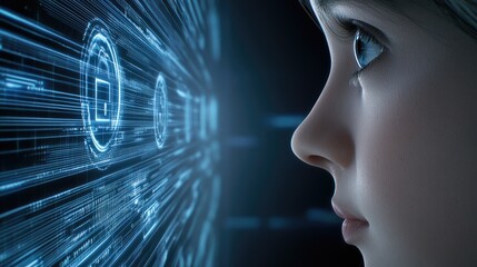 A woman gazes intently at glowing data and security icons on a screen, set against a backdrop of warm and cool hues in a modern setting