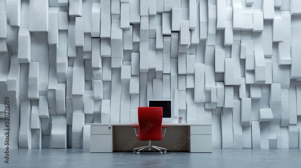 Wall mural a red chair sitting in front of a white wall with computer monitor, ai