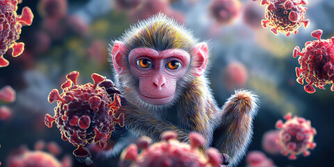 Monkeypox virus represented by a monkey surrounded by viral particles in a detailed scientific illustration
