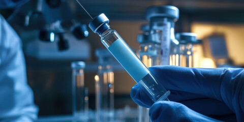 Medical laboratory test tube labeled Monkeypox vaccine with clear liquid in a research setting