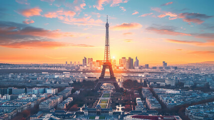 Obraz premium Iconic view of the Eiffel Tower in Paris at sunset, highlighting a romantic travel destination