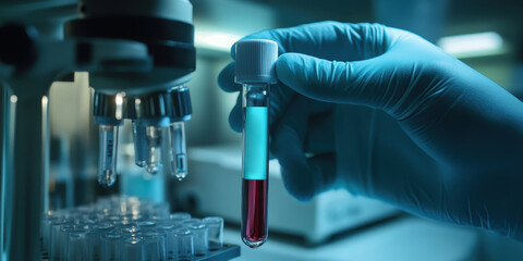 Medical laboratory test tube labeled Monkeypox with a scientist's gloved hand holding it