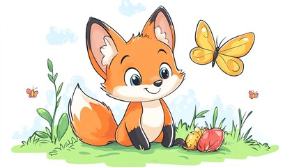 Fototapeta premium A cute cartoon fox sitting in a field of flowers with a butterfly flying by.
