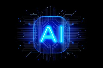 An AI is displayed on a blue background with large, bold letters. The AI is designed with digital patterns and lines that resemble stock illustrations