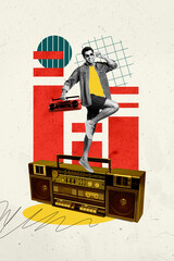 Vertical photo collage of happy man dance retro boombox party sound occasion entertainment relax vintage isolated on painted background