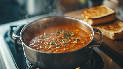 A kitchen scene with a pot of homemade tomato soup on the stove, served with a grilled cheese sandwich, Homecooked tomato soup, simple and cozy