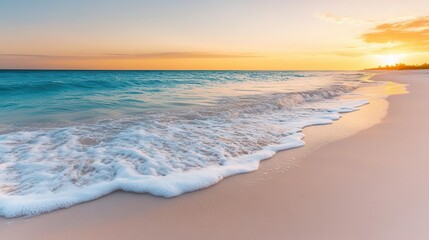 Obraz premium Gentle waves on a plush white sandy beach, soft golden sunset, peaceful atmosphere