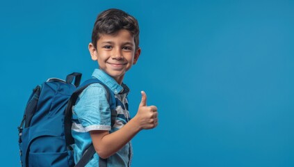 Schoolboy with backpack giving thumbs up, blue background, high resolution, detailed.