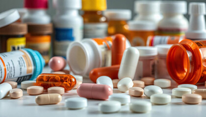 Assorted prescription pills and tablets in the foreground, against a blurred background of more medication bottles