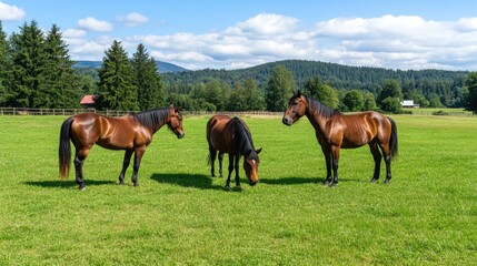 Three horses graze on green grasslands surrounded by mountains, under a bright blue sky and fluffy clouds, creating a serene western ranch atmosphere