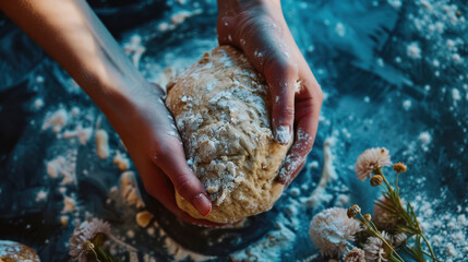 Hands kneading dough on a floured surface, capturing the process of bread making from scratch