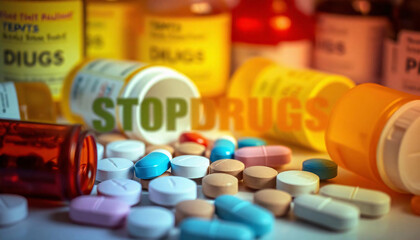 Assorted prescription pills and tablets with the text STOP DRUGS in the foreground, against a blurred background of more medication bottles