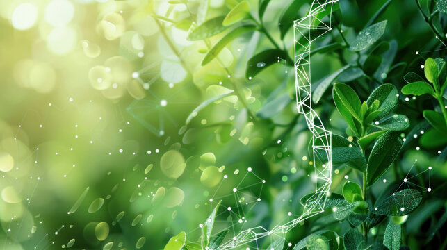 Plants with a biochemistry structure overlay, DNA helix visible, on a green background, merging biology and chemistry