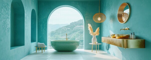 Modern bathroom with arched window, blue walls, and bathtub with outside view