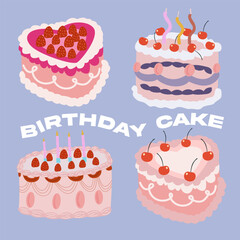 Retro cakes collection for birthday, wedding, valentine's day and other holiday. Vintage cream cake collection with decorations. Fruit cakes with cream and birthday candles