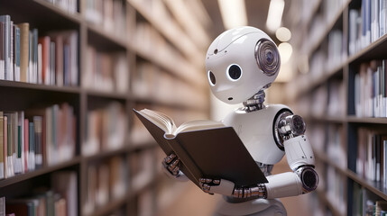 Fototapeta premium ai robot reading book in library, AI generative