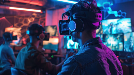 Group of gamers in a high-tech gaming lounge with VR setups, multi-screen displays, and advanced gaming chairs, highlighting a tech-savvy space