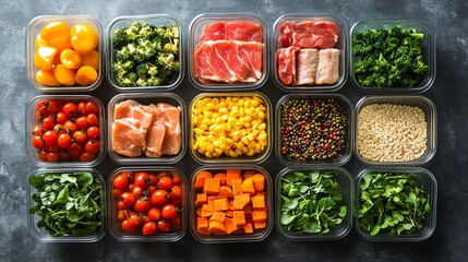 A weekly meal plan layout with fresh ingredients like leafy greens, lean meats, and whole grains, Healthy eating plan, organized nutrition