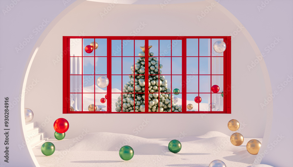 Aufkleber Winter Christmas podium backdrop for product display with snow landscape background. 3d rendering