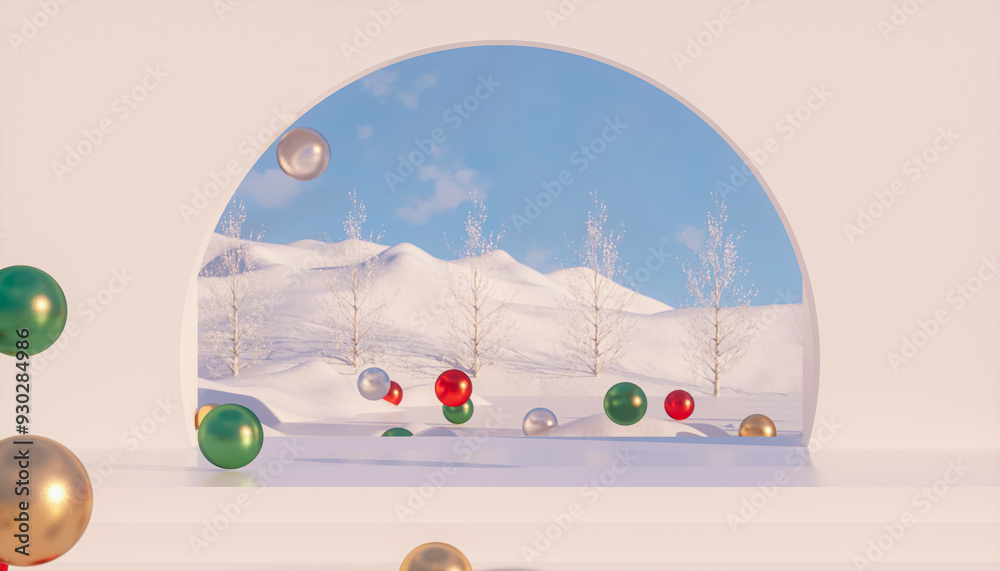 Aufkleber winter christmas podium backdrop for product display with snow landscape background. 3d rendering