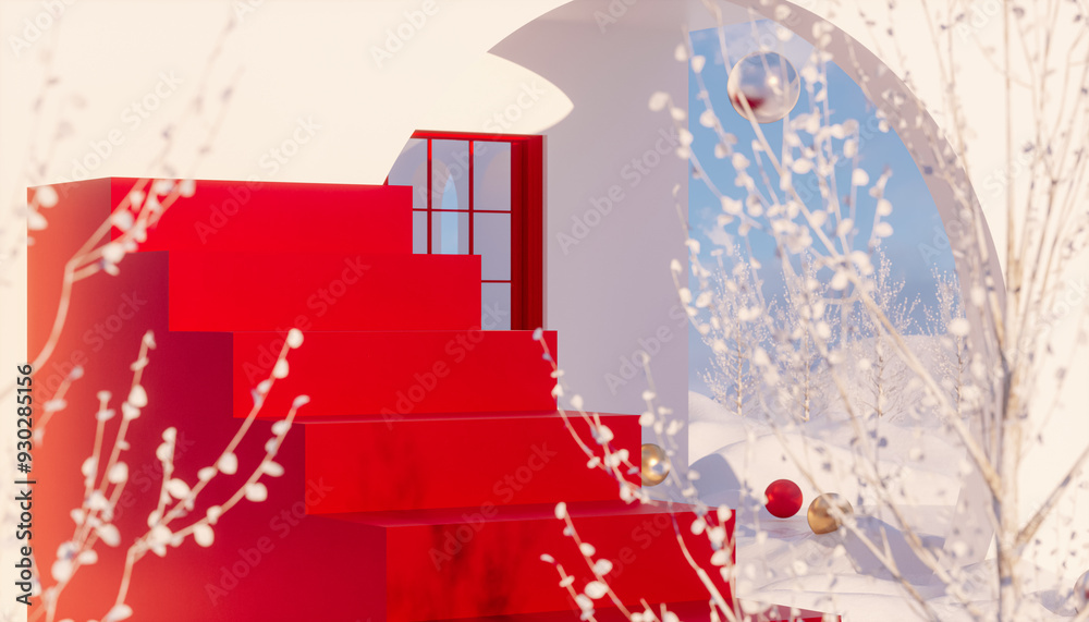 Aufkleber winter christmas podium backdrop for product display with snow landscape background. 3d rendering