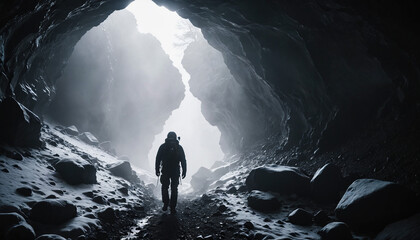Obraz premium Cave Roams in Foggy Winter: The Seeker's Tour Enveloped in Landslide